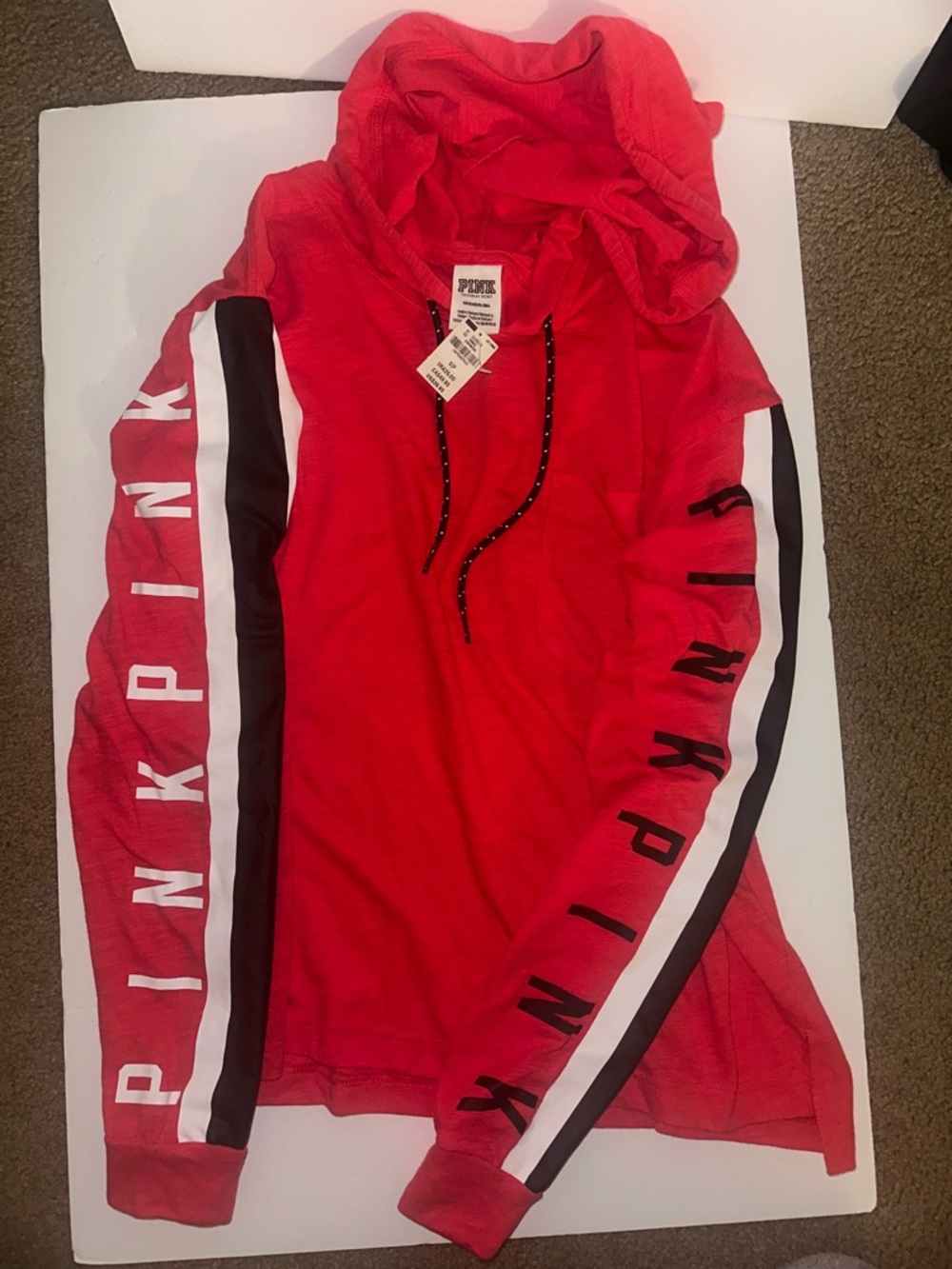 PINK Victoria's Secret Red Hooded Pullover with Black & White Sleeve Stripes